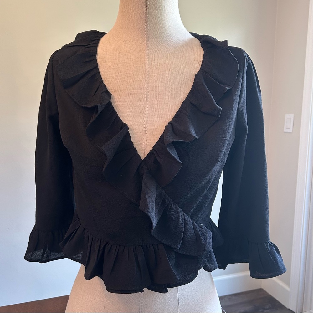 NWT LF Black Ruffle Wrap 3/4 Sleeves Top Blouse Size XS